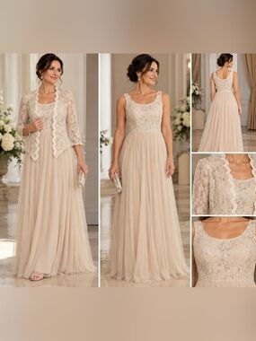Candalite Champagne Lace Sequin Maxi Gown & Jacket Set Size Small NWT